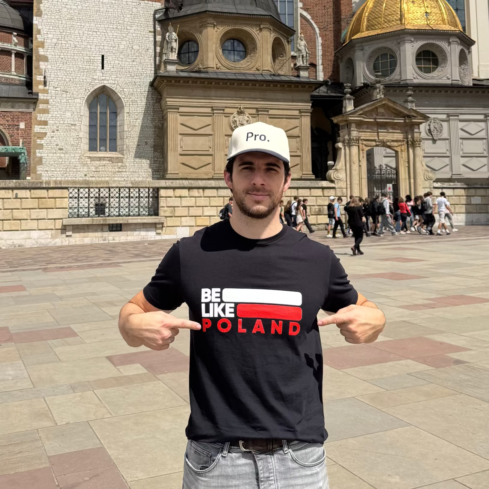 Customer wearing the Be Like Poland T-Shirt in Krakow