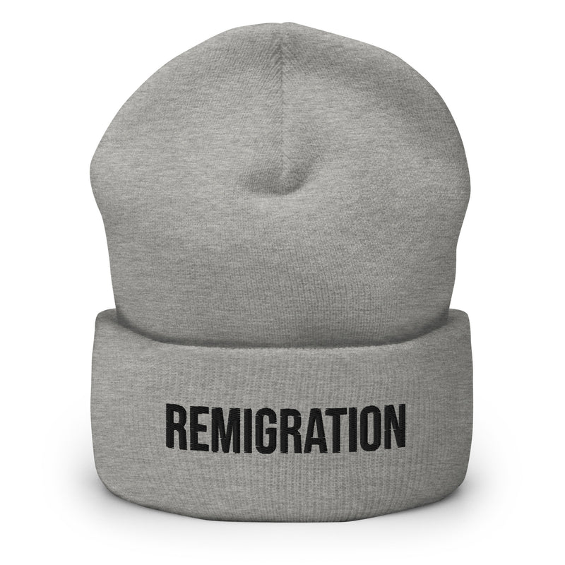 Remigration Beanie, Heather Grey, front view